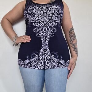 ☆Bleu Blue & White Floral Baroque Print Rhinestone Bedazzled Tank☆